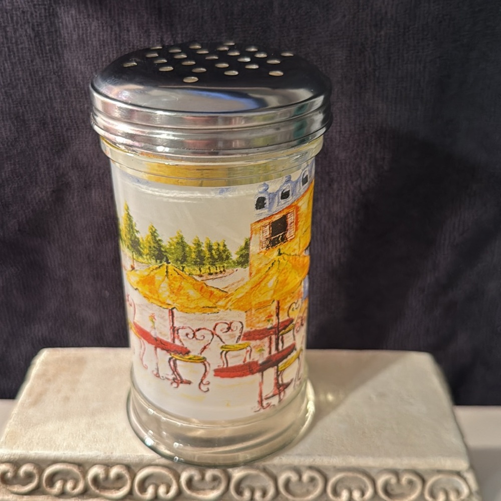 French Cafe Cheese Shaker 5.25”. Glass with stainless steel top